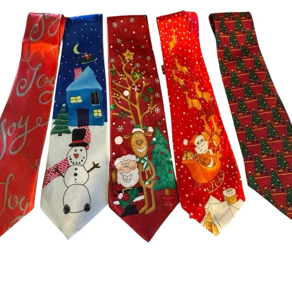 Ho ho ho Five men’s Christmas holiday ties joy snowman sleigh Santa Claus