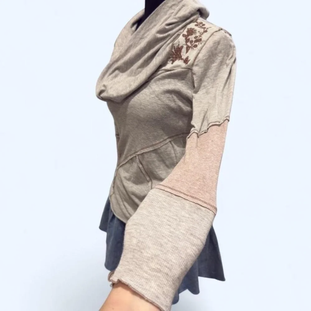 TINY: Anthropologie embroidered thermal with slouchy cowl neck and‎ exposed seam