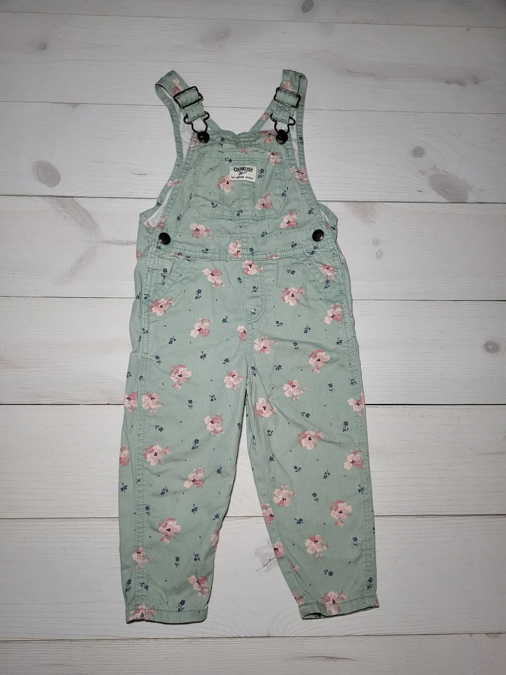OshKosh B'gosh Toddler Bib Overalls Floral Mint Sage Green Cotton Cottagecore.