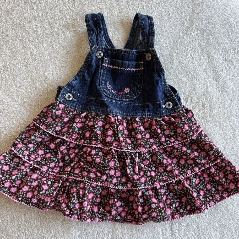 Oshkosh BGosh Jean Dress Pink Corduroy Vestbak Floral Overalls Jumper 24‎ M