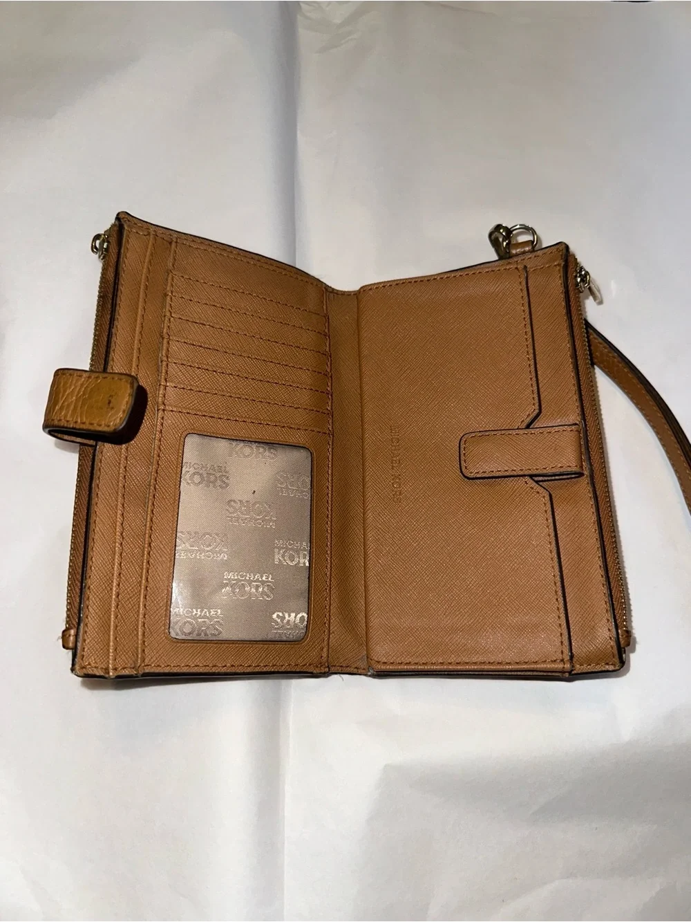 Michael Kors Brown Leather Wristlet Wallet Zip Around Clutch Wrist Strap