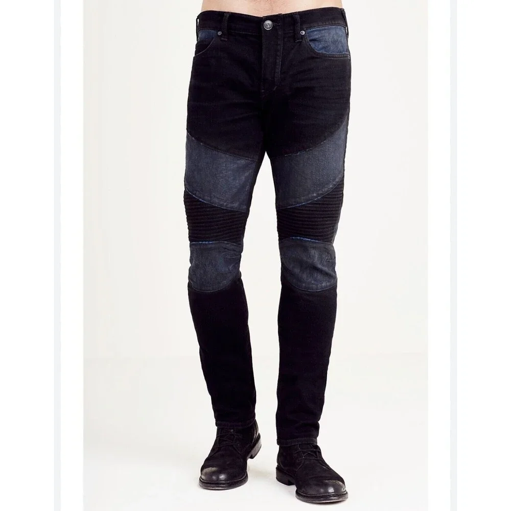 True Religion Mens 40x33 Rocco Relaxed Skinny blue black‎ Moto Denim Jeans