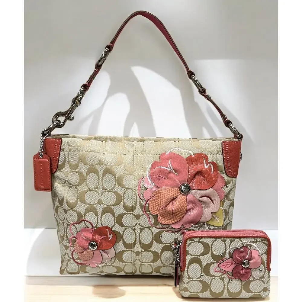 Y2K Coach F16879 Signature Floral Carly Hobo Bag & Corner Zip Wallet