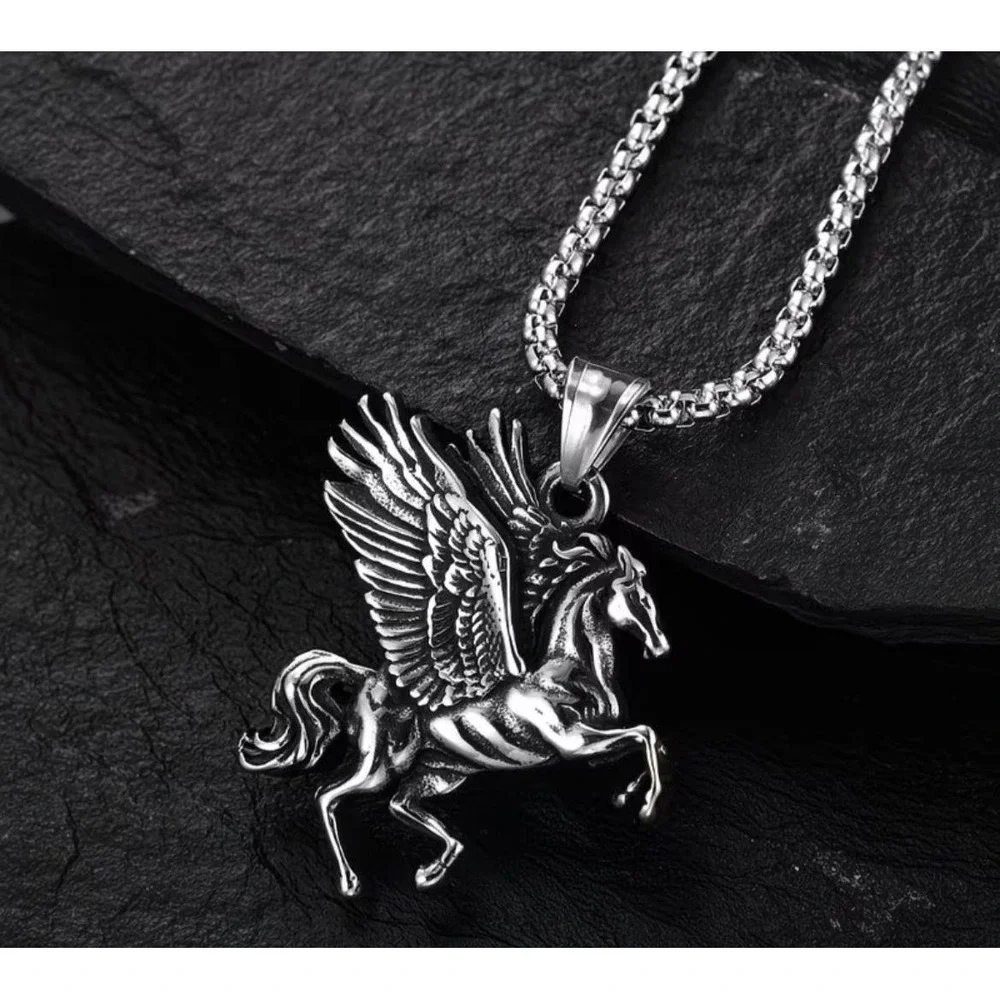 Silver Pegasus Winged Horse Pendant Necklace Greek‎ Mythology Box Chain Jewelry