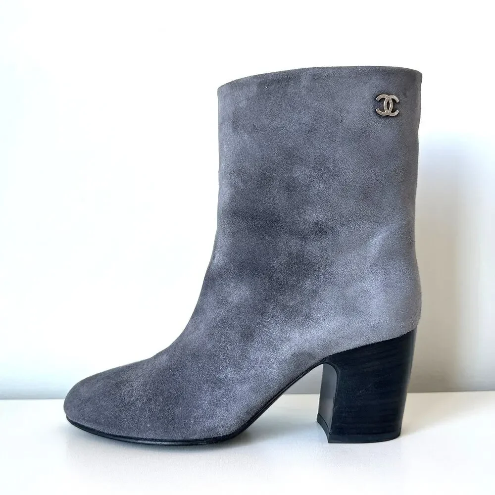 CHANEL Grey Suede Calfskin Short Boots IT 36.5