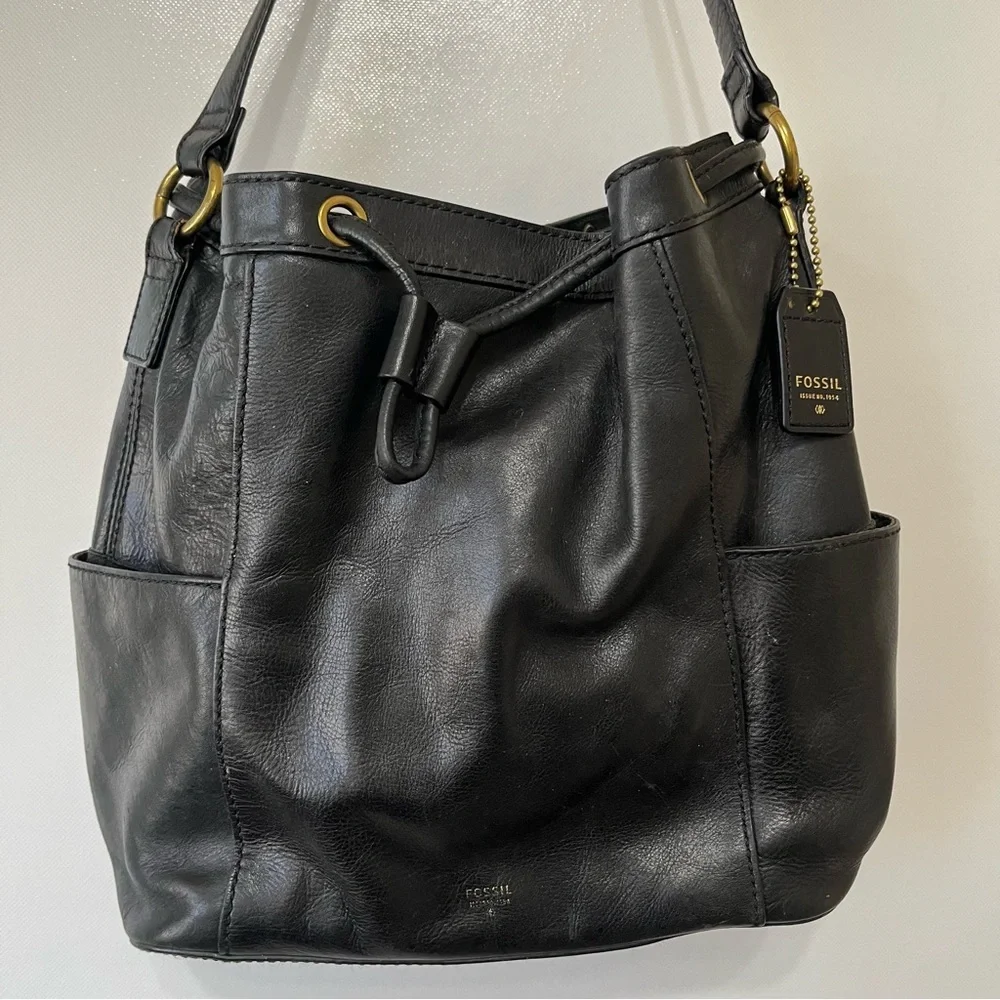 Fossil Black Leather Bucket Bag