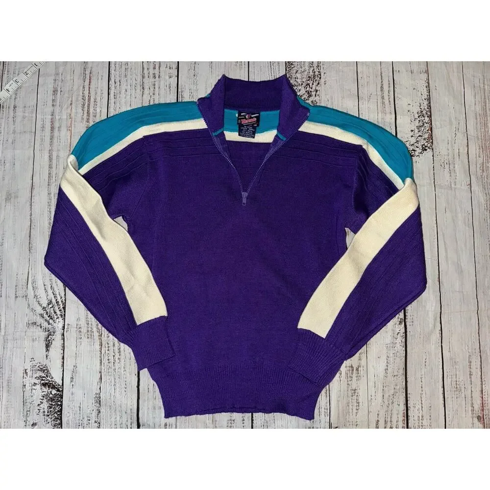 VTG Herman’s Ladies Small Ski Sweater Bold Colorful Purple Blue Multi Wool Blend