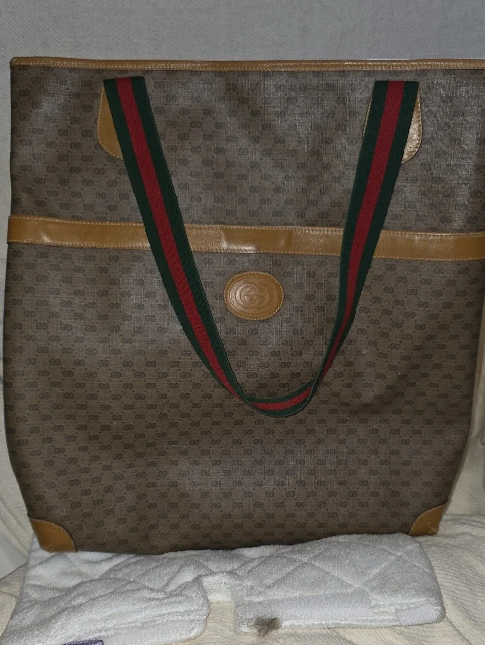 Gucci Brown GG Canvas Tote with Green and Red Web Straps, Vintage And Cared For