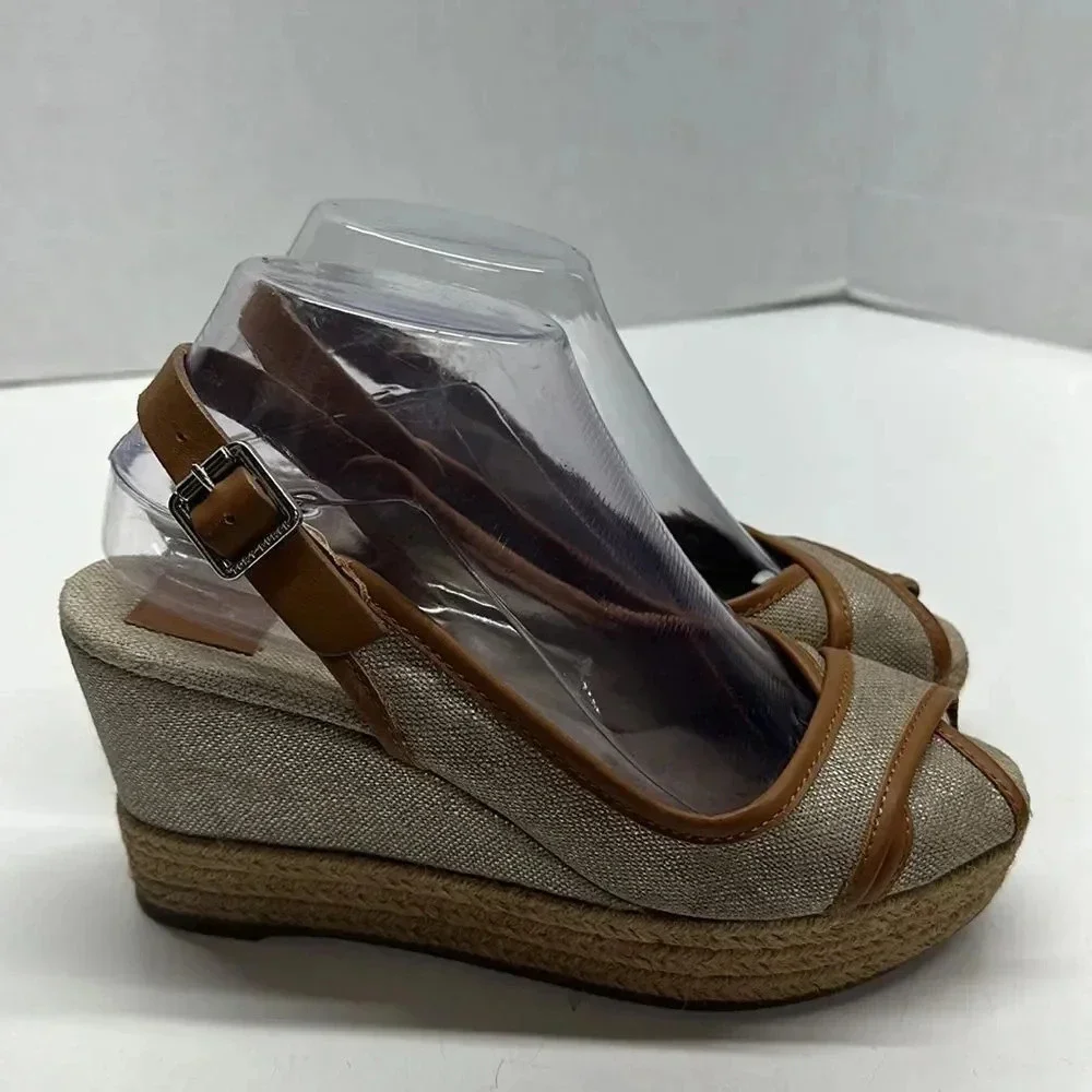 Tory Burch Mya Espadrille Wedge Heels Pump Peep Toe Slingback Brown Sparkle 7