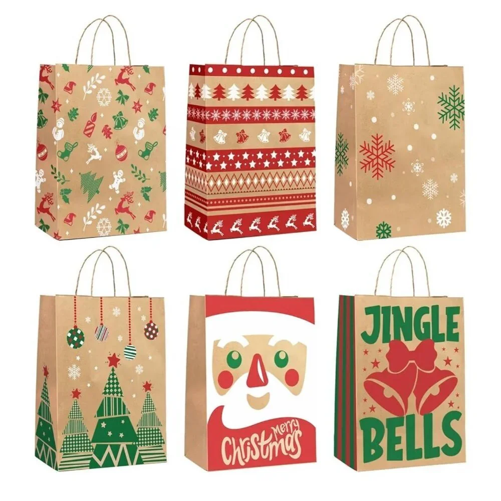 24 Pack Christmas Gift Bags With Handles Kraft Paper 6 Holiday Designs
