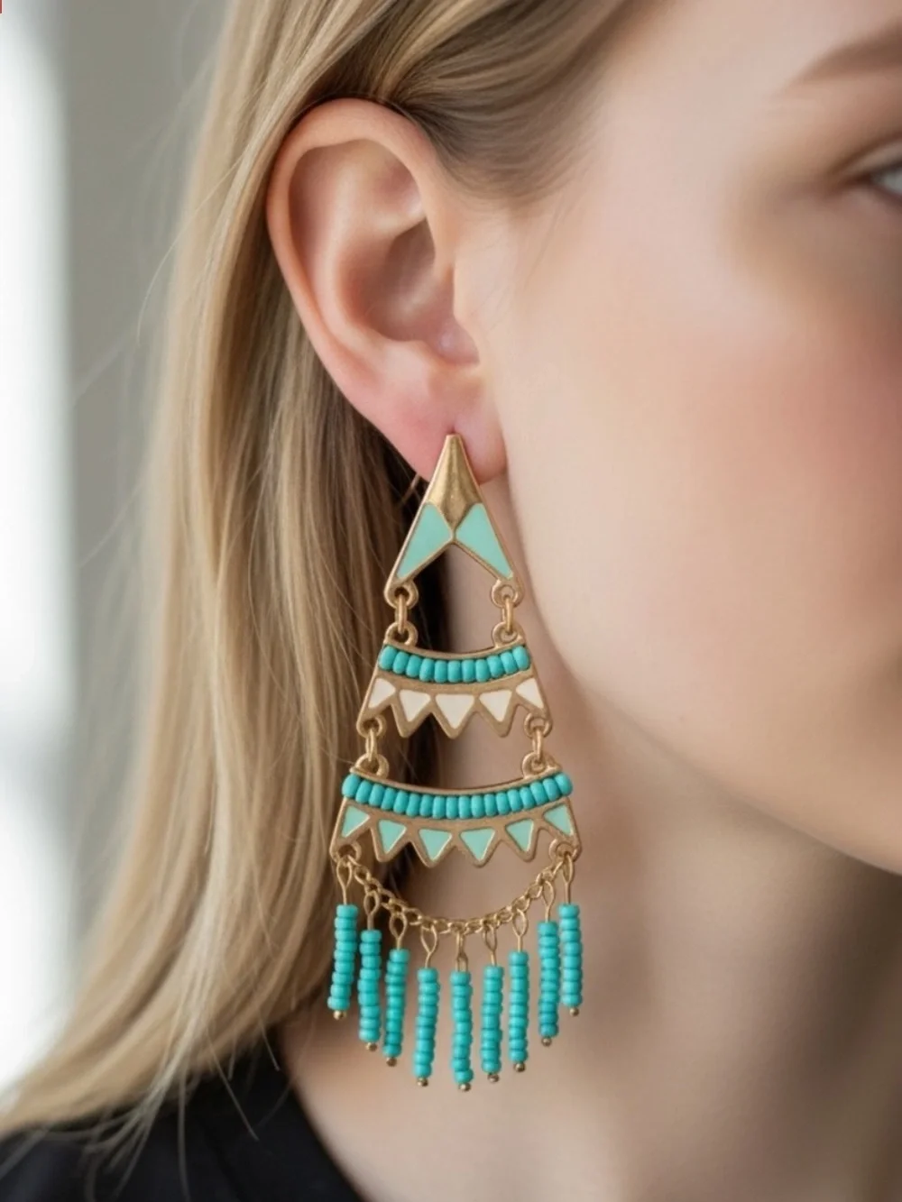 Turquoise Beaded Gold-Tone Statement Drop Earrings