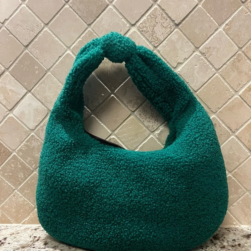 Green Fluffy Knot‎ Handle Curved Faux Sherpa Hobo Bag