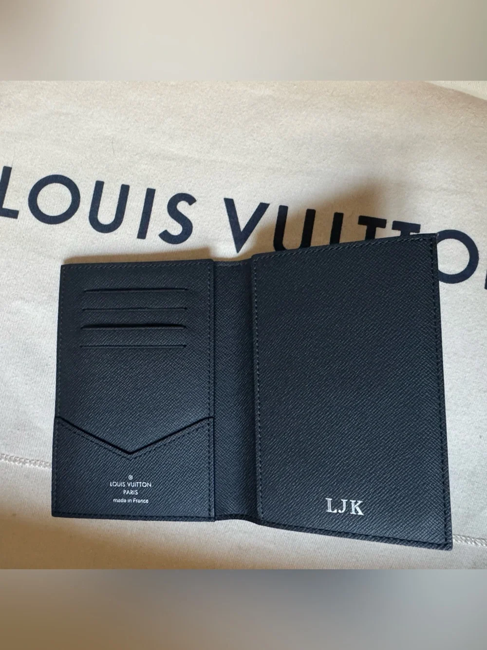 Louis Vuitton Black Leather Card & Key Holder with Silver Initials