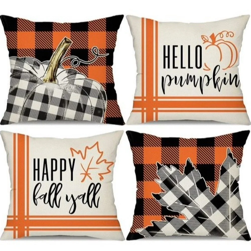 18” Fall /Halloween Pillow Covers in Orange-Black Buffalo Plaid (Set of 4)
