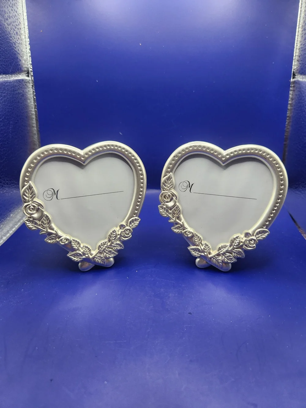 Silver-toned Metal Heart-Shaped Photo Frames W/Rose & Leaf Motif, Set Of 2
