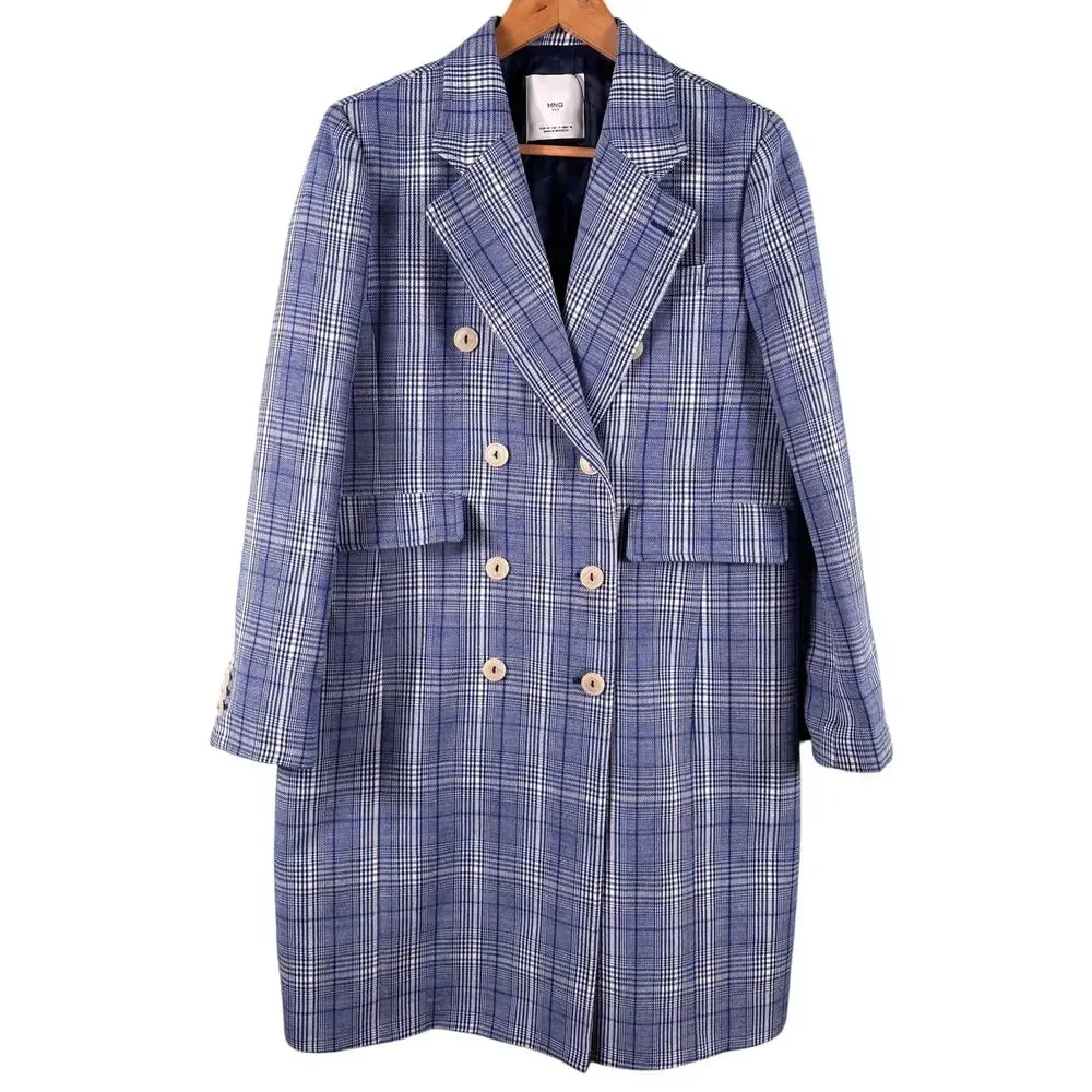 Mango Trench Coat Women's Small Blue White‎ Plaid Double Breasted Office Career