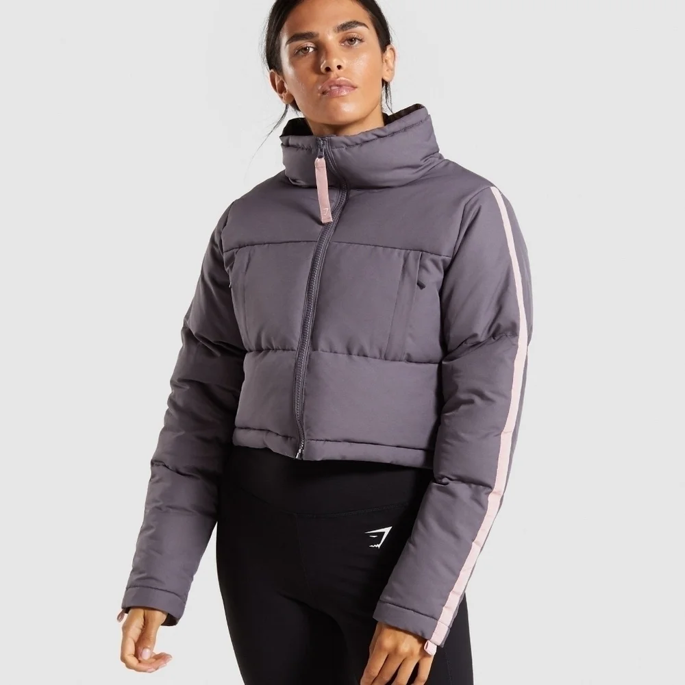 Gymshark Grey Oversized Cropped High Neck Full Zip Canvas Puffer Jacket