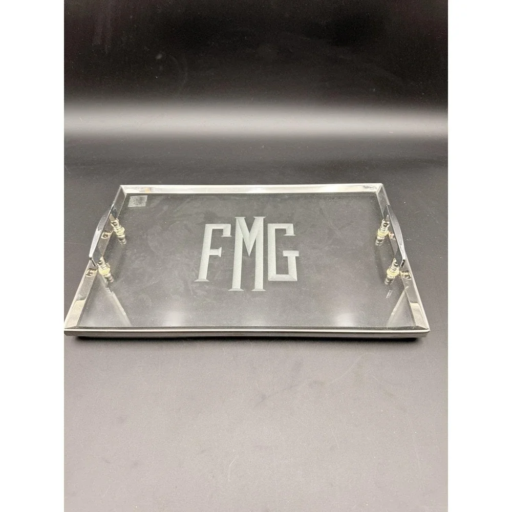 Vintage Silver FRAMED  Glass  Tray with SIGNS FMG 18X12‎