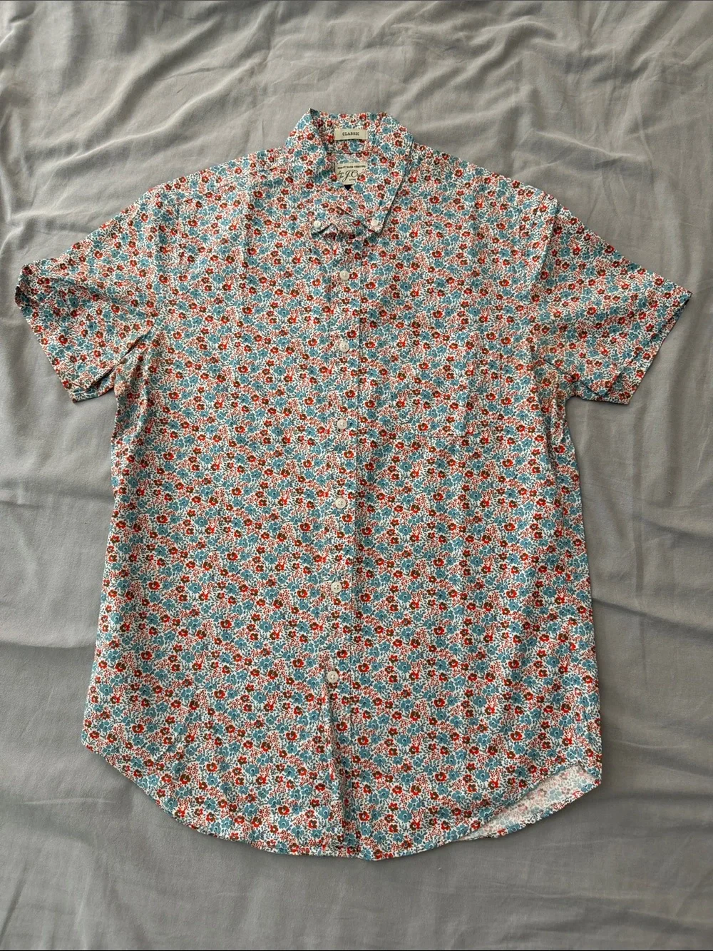 J. Crew Short-Sleeve Floral Button-Down in Teal and Red