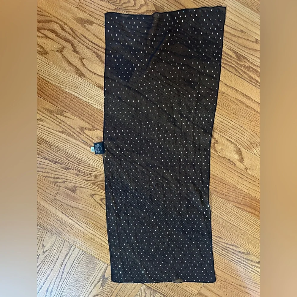 St. John Black Sheer Silk Scarf with Gold Polka Dots