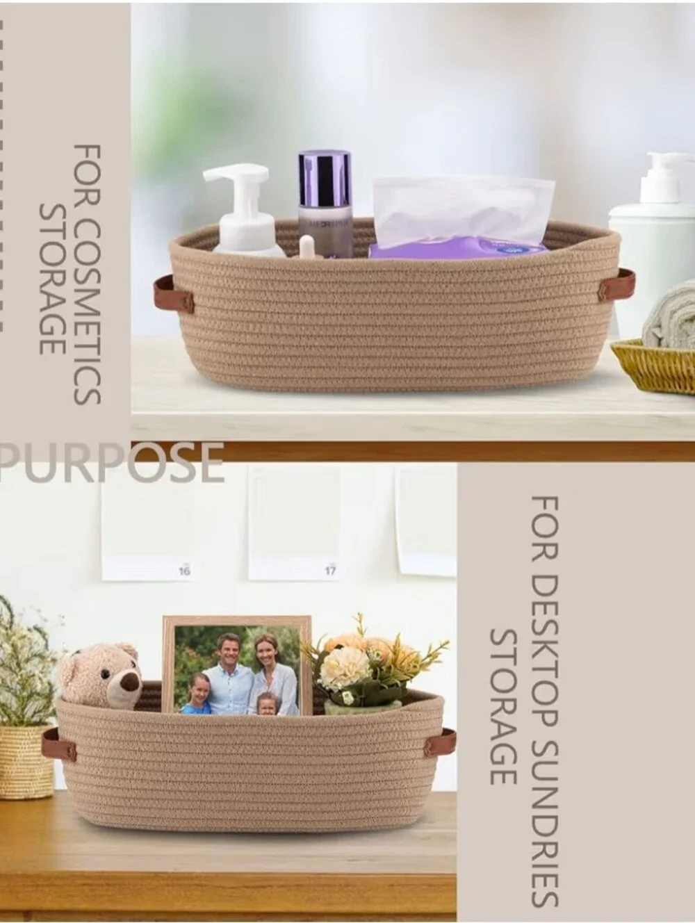 Woven Rope Storage Baskets with Leather Handles - Twin Set, Beige