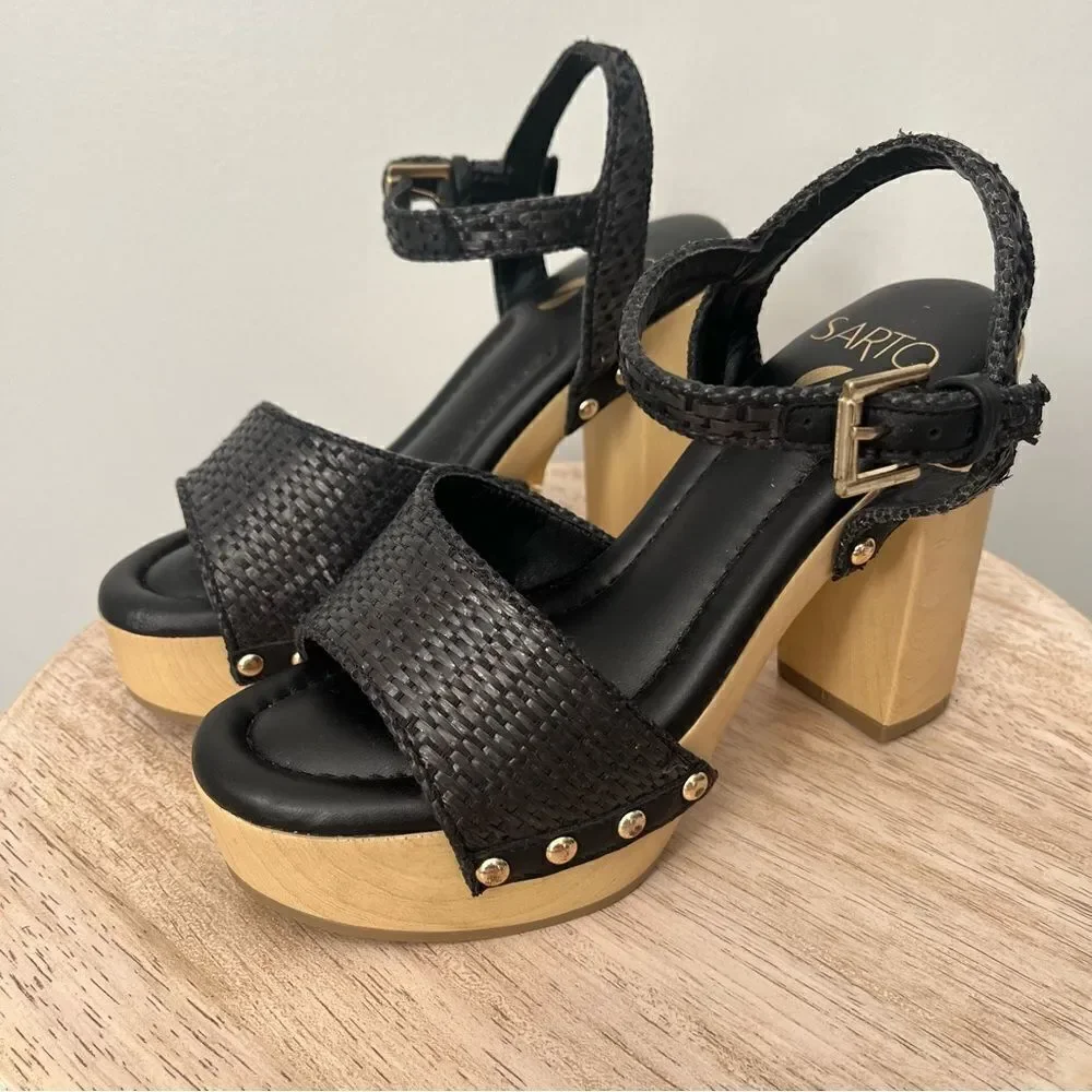 Franco Sarto Wally Woven Platform Ankle Strap Heels Size 6.5 Black NWOB