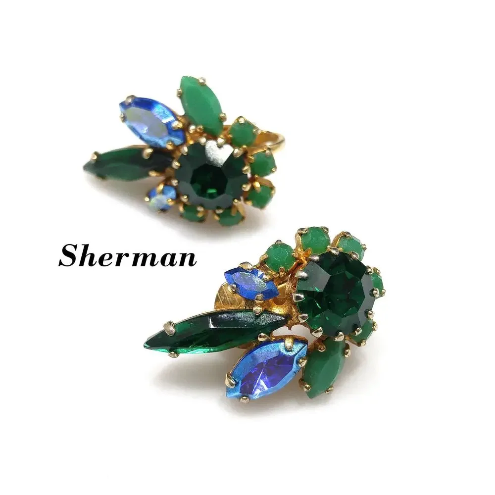 Sherman Green & Blue Rhinestone Earrings, Gold Plated, 1960s Vintage Jewelry