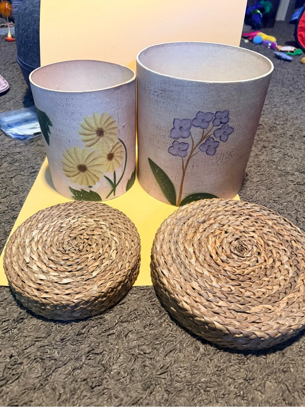 Hand-Painted Floral  Canisters with Woven Seagrass Lids - Cream