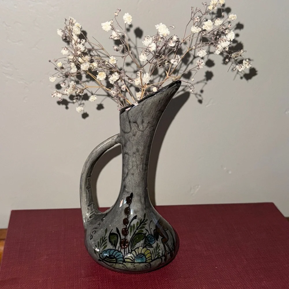 Vintage Handcrafted Mexican Floral Animal Folk Art Pottery Vase Glazed Marked