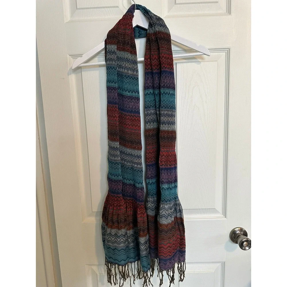 Joy Susan Boho Wrap Scarf Smocked Fringe‎ Zigzag Multicolor Shawl Ruffle Hem