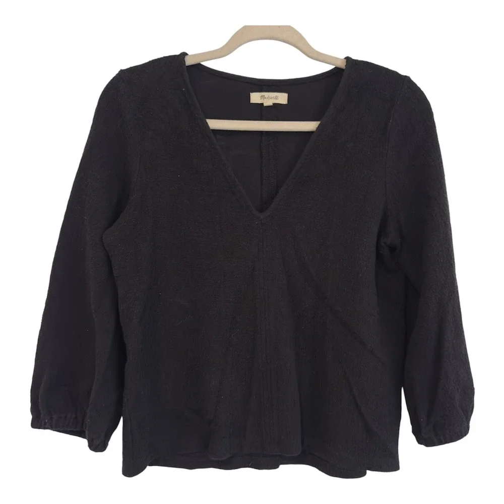 Madewell Womens Black Textured Cotton V-Neck 3/4 Sleeve Top Small CKP453300000