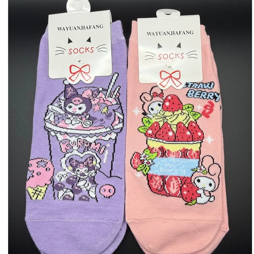 Cute Kawaii Cartoon Character Crew Socks Purple Pink Fruit Drink Ice Cream Print