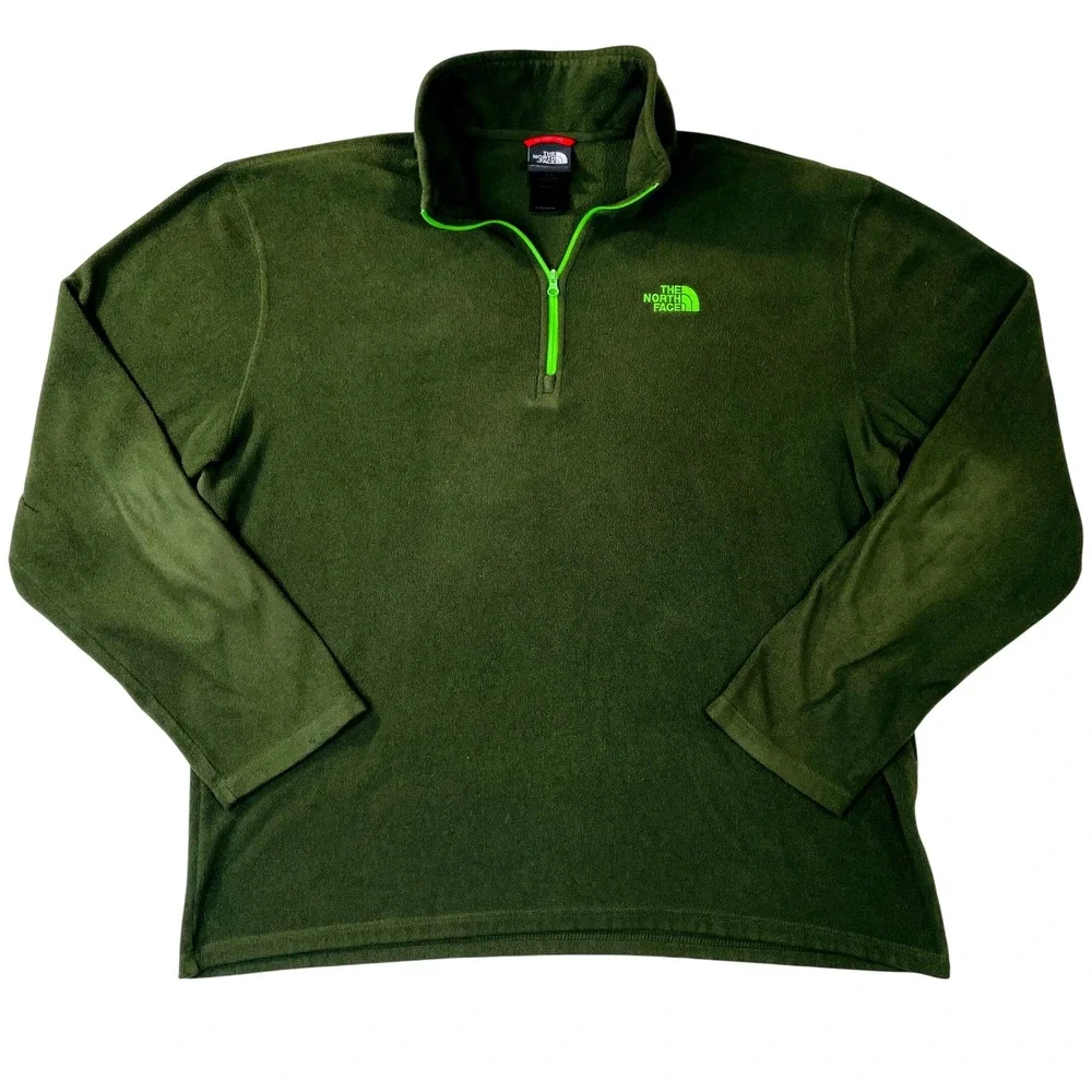 The North Face Mens L TKA 100 1/4 Zip Fleece Pullover Olive Green Neon Lime Logo