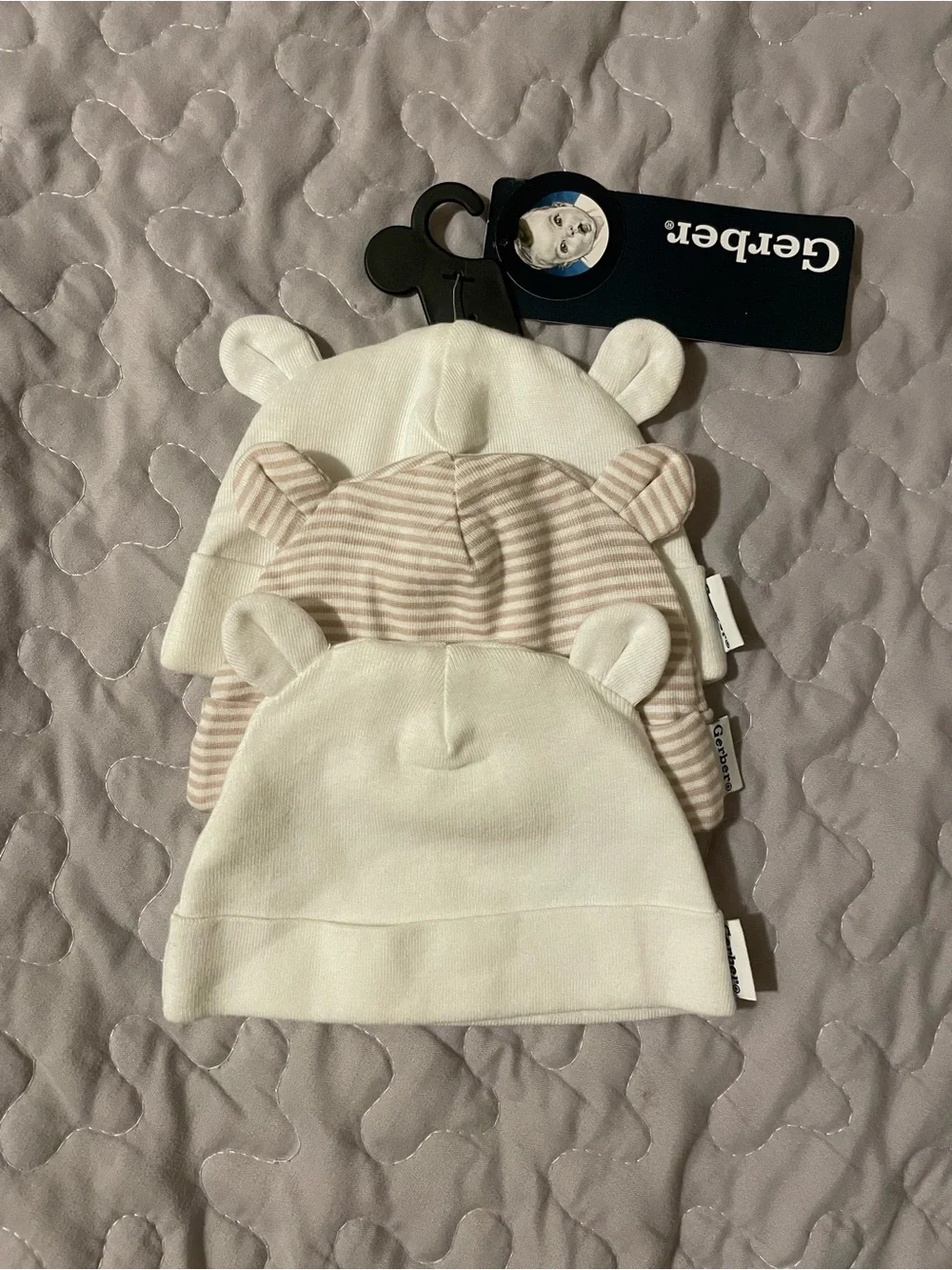 2/$10 Gerber Newborn Baby Bear Ear Hat Set - White & Tan Striped NWT