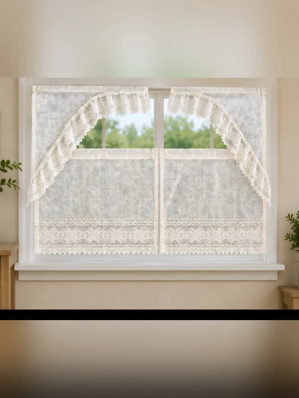 Vintage White Lace Kitchen Curtain Set Swag Valance Café Tier Cottage Farmhouse