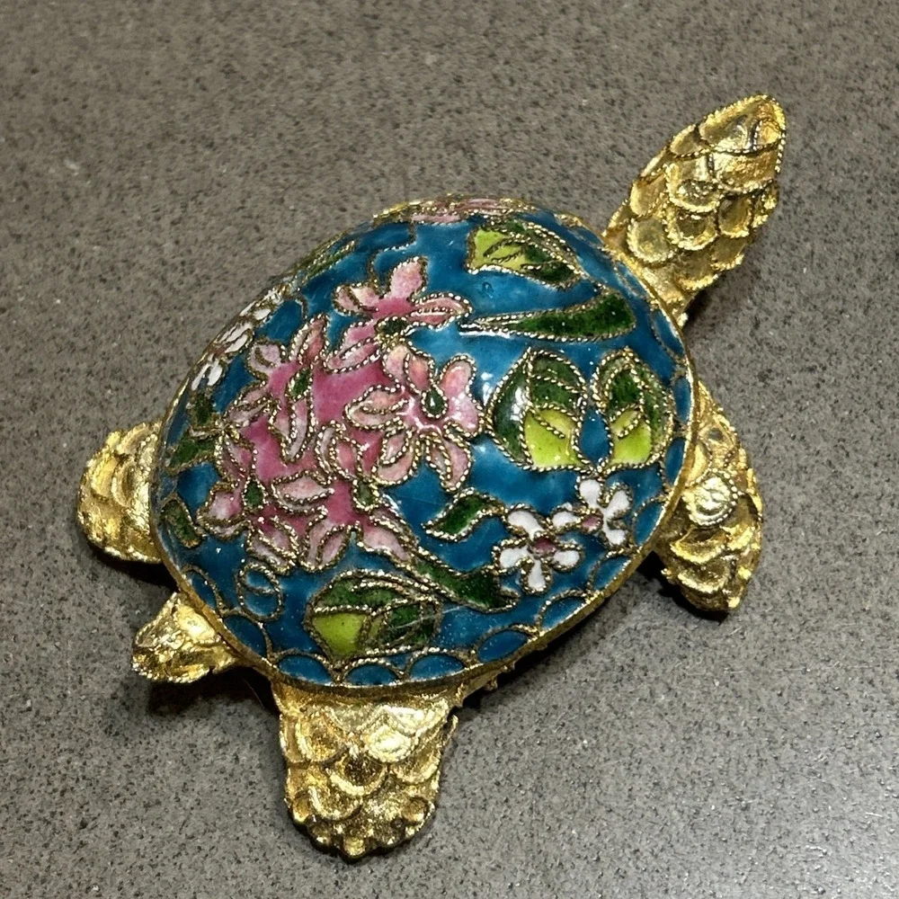 Vintage Floral Cloisonne Sea Turtle Enamel Gold Pink Collectible Figurine 3.5