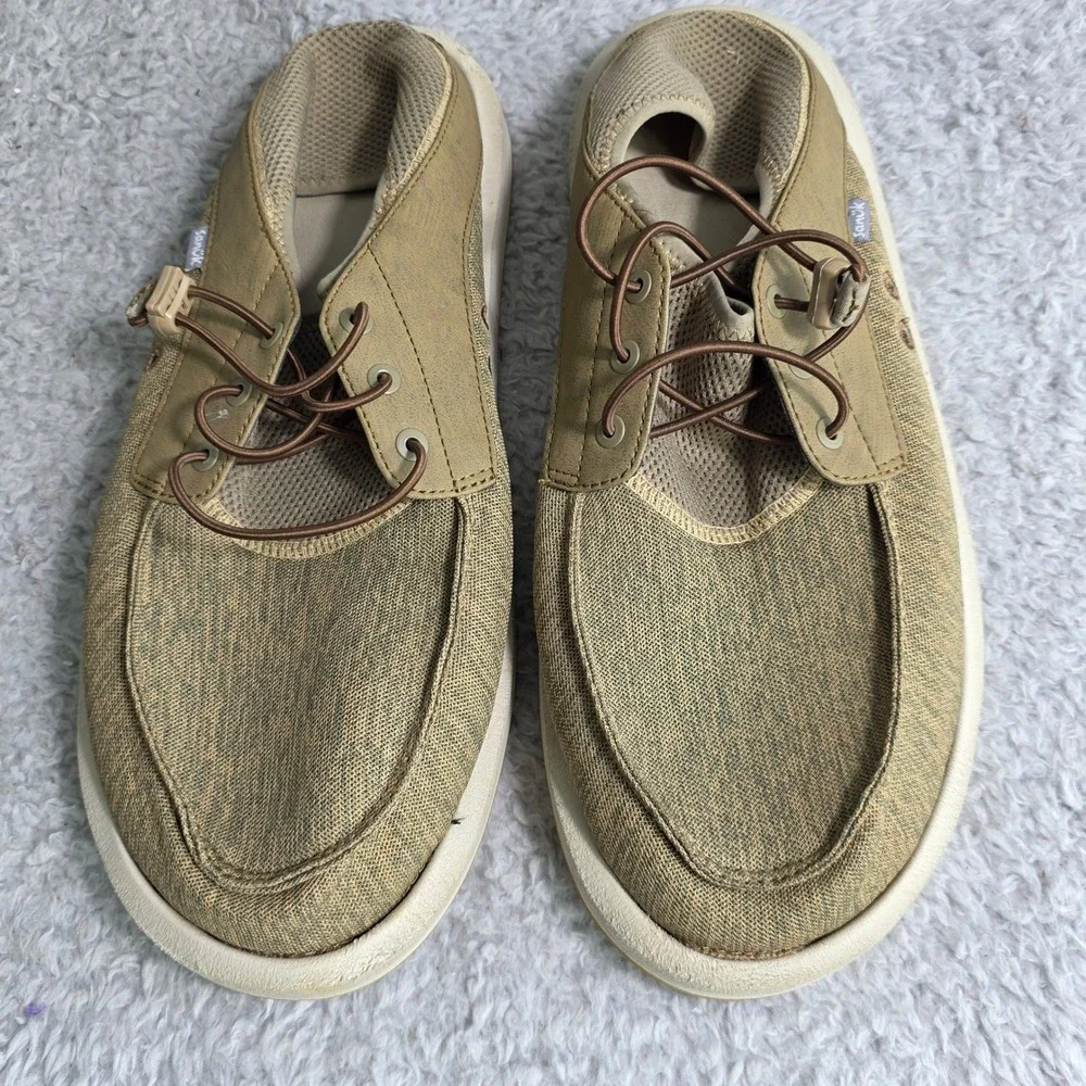 Sanuk 1132530‎ Boatie Boat Shoe Tan Vibram Sole Bungee Lace Mens 13 Excellent