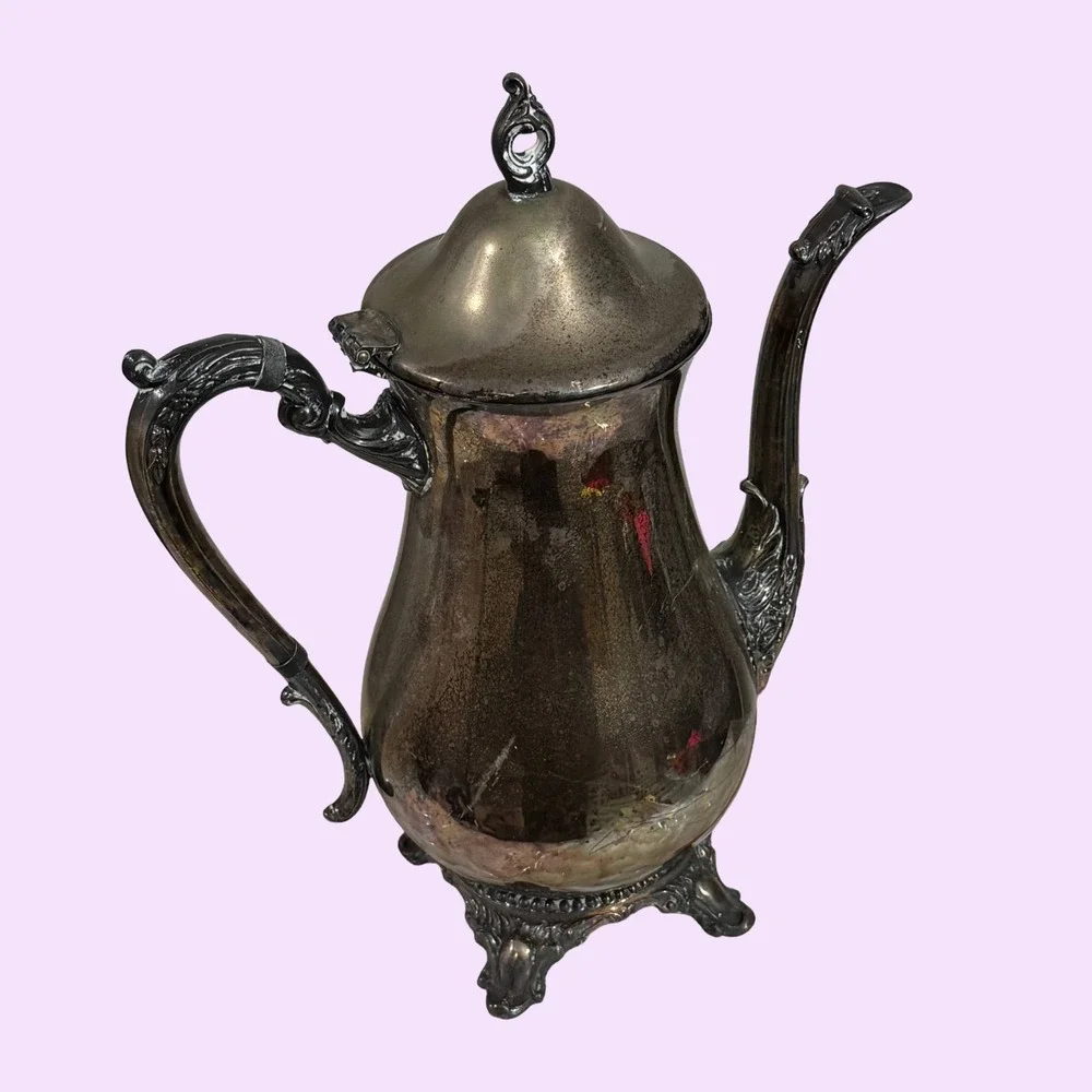 Vintage Leonard Silverplated Footed Teapot Coffee Pot Ornate Hinged‎ Lid Antique