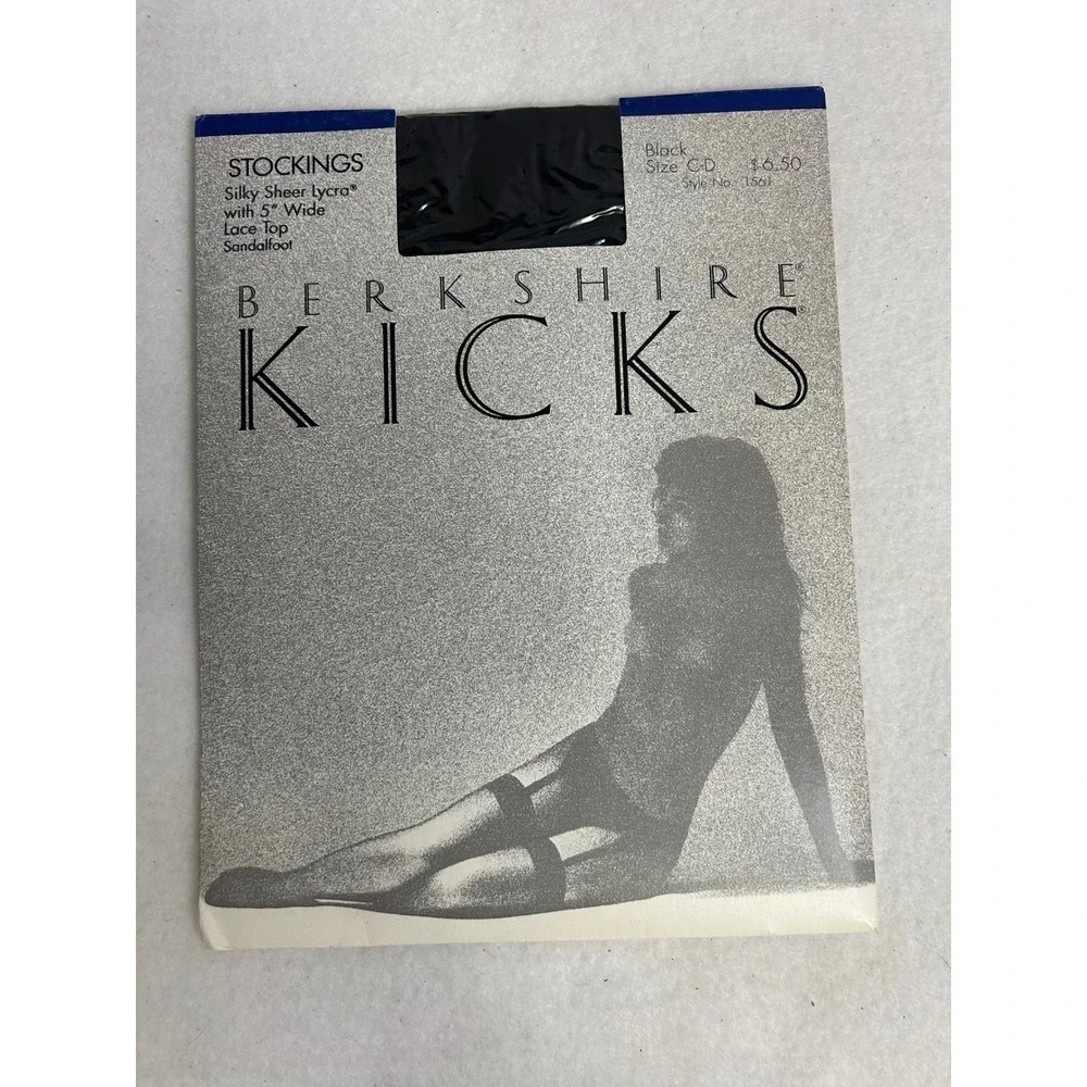 Vintage 80s Berkshire Women Size CD Black‎ Kicks Lace Top Silky Sheer Stockings