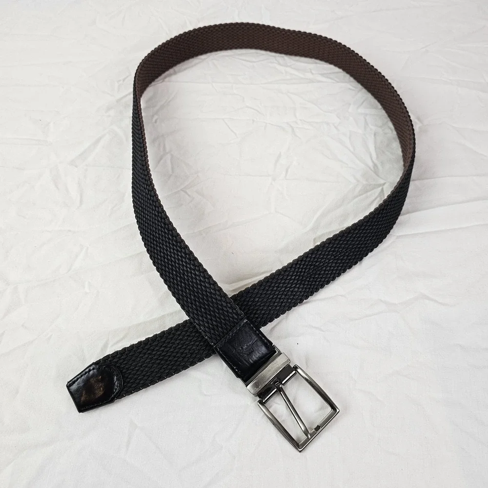 TOMMY BAHAMA Mens L XL Braided Cotton Woven Black Leather Trim Belt Silver Work