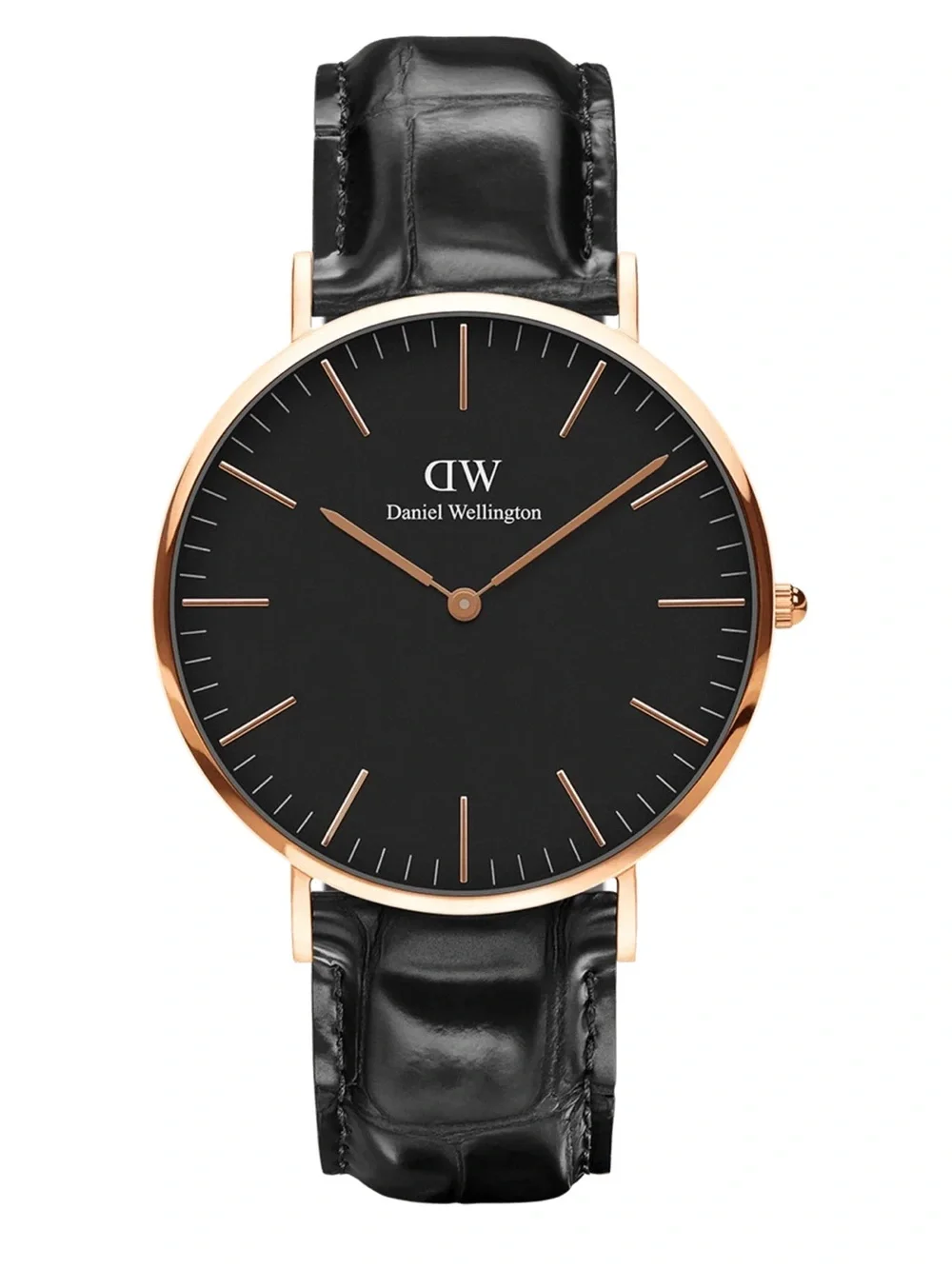 Daniel Wellington Black Dial Watch with Rose Gold Case and Black Leather Strap
