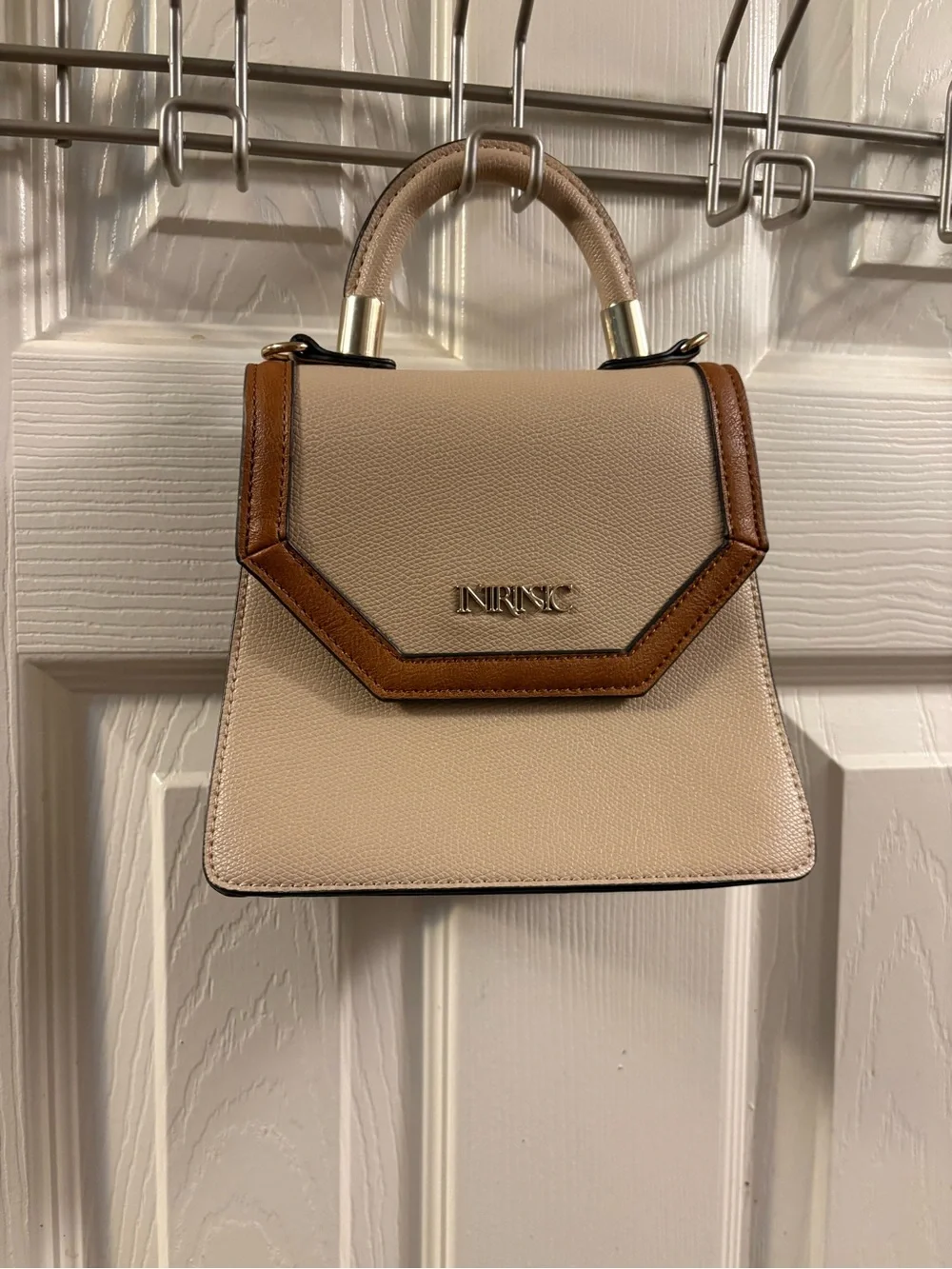 NinRsc Beige & Brown Structured Top-Handle Bag