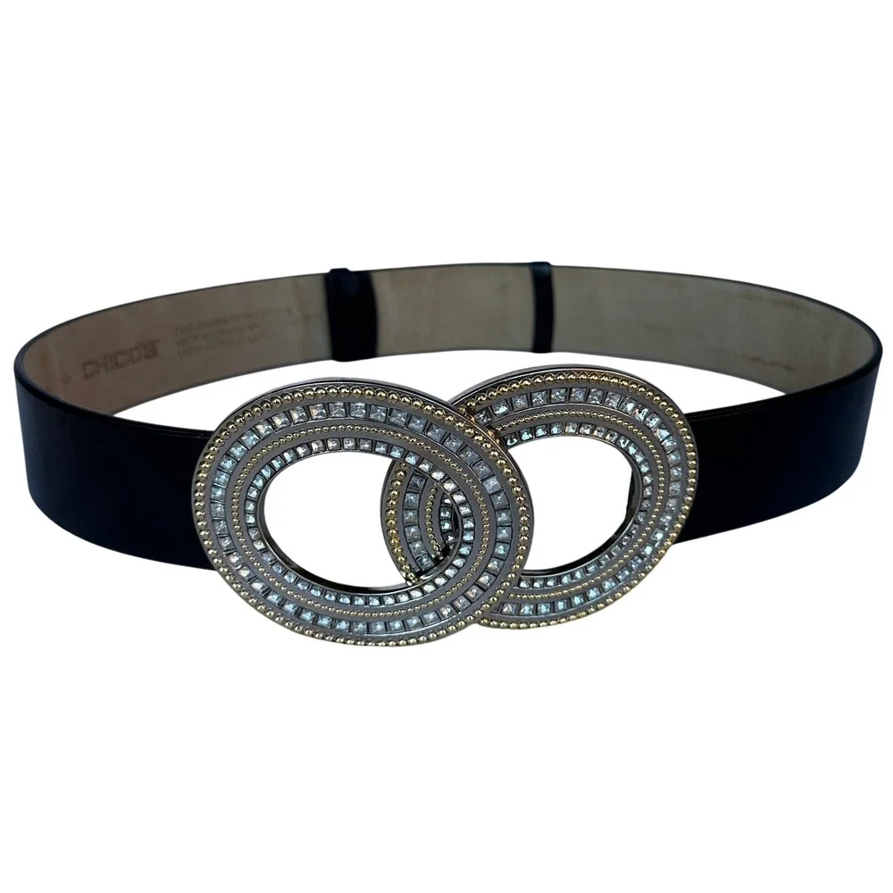 Chicos Black Leather Belt S/M Double Circle Rhinestone Beaded Buckle Glam Statem