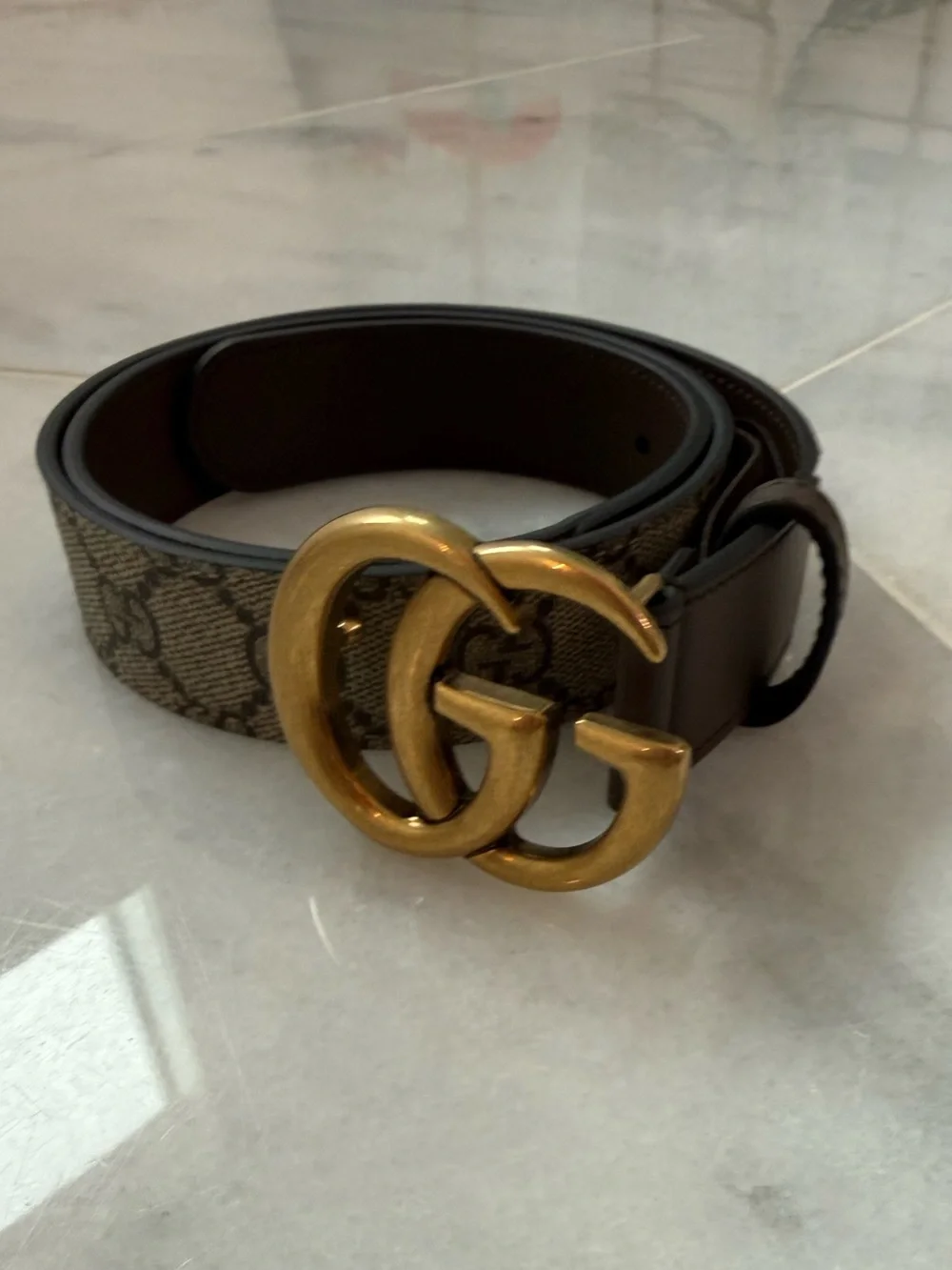 Authentic Gucci Brown Monogram Belt with Gold Double G Buckle