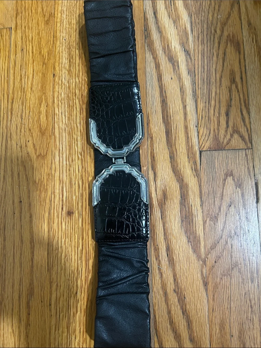 Brighton Black Leather Stretch Belt with Silver Accent Buckles