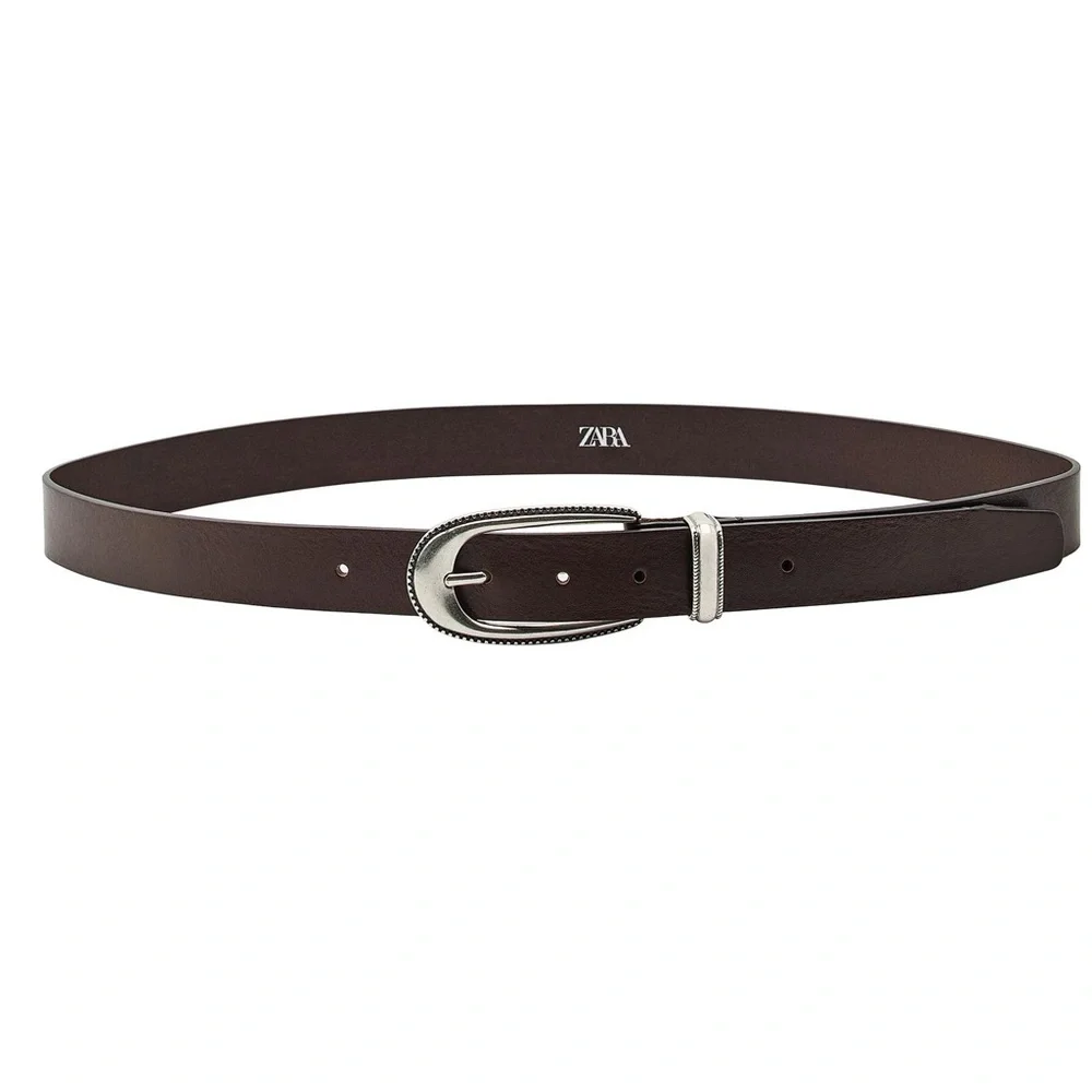 Zara 100% Brown Leather Belt w Metal Buckle. Size 34. NWT