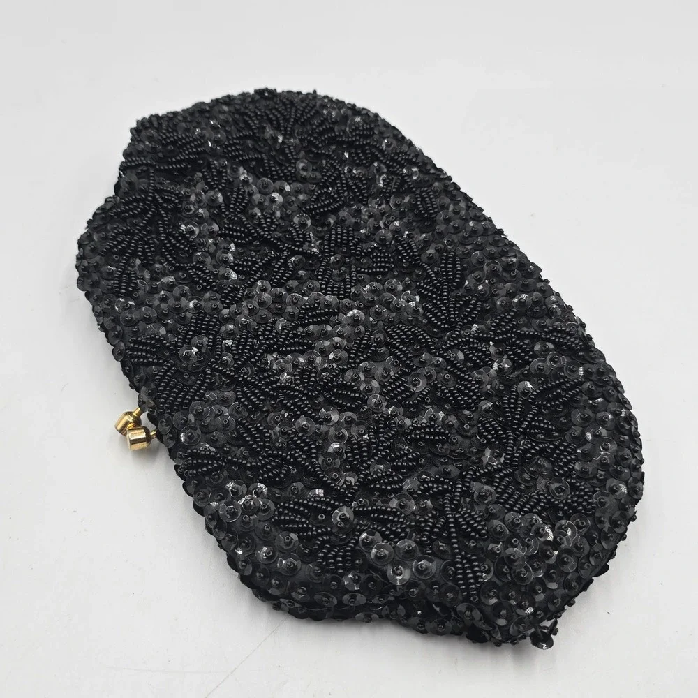 By Simon Ernest Blum Vintage Evening Clutch Purse Black Beaded Sequin Kiss Lock