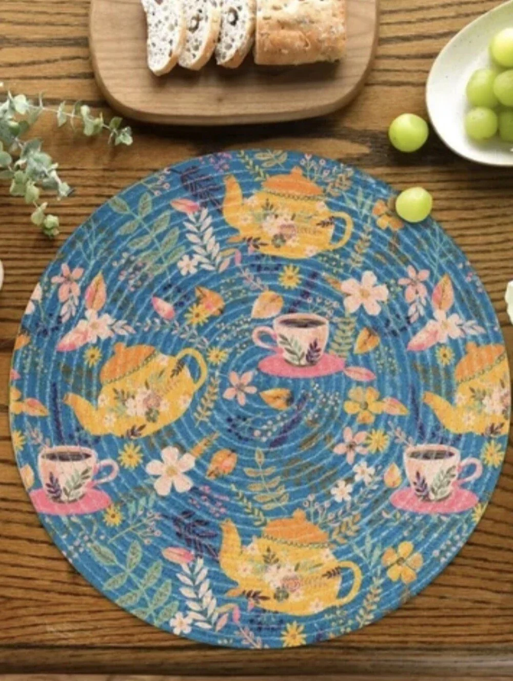 (Set of 4) Colorful Round Placemats Jute Made In India Teapot & Teacup Floral