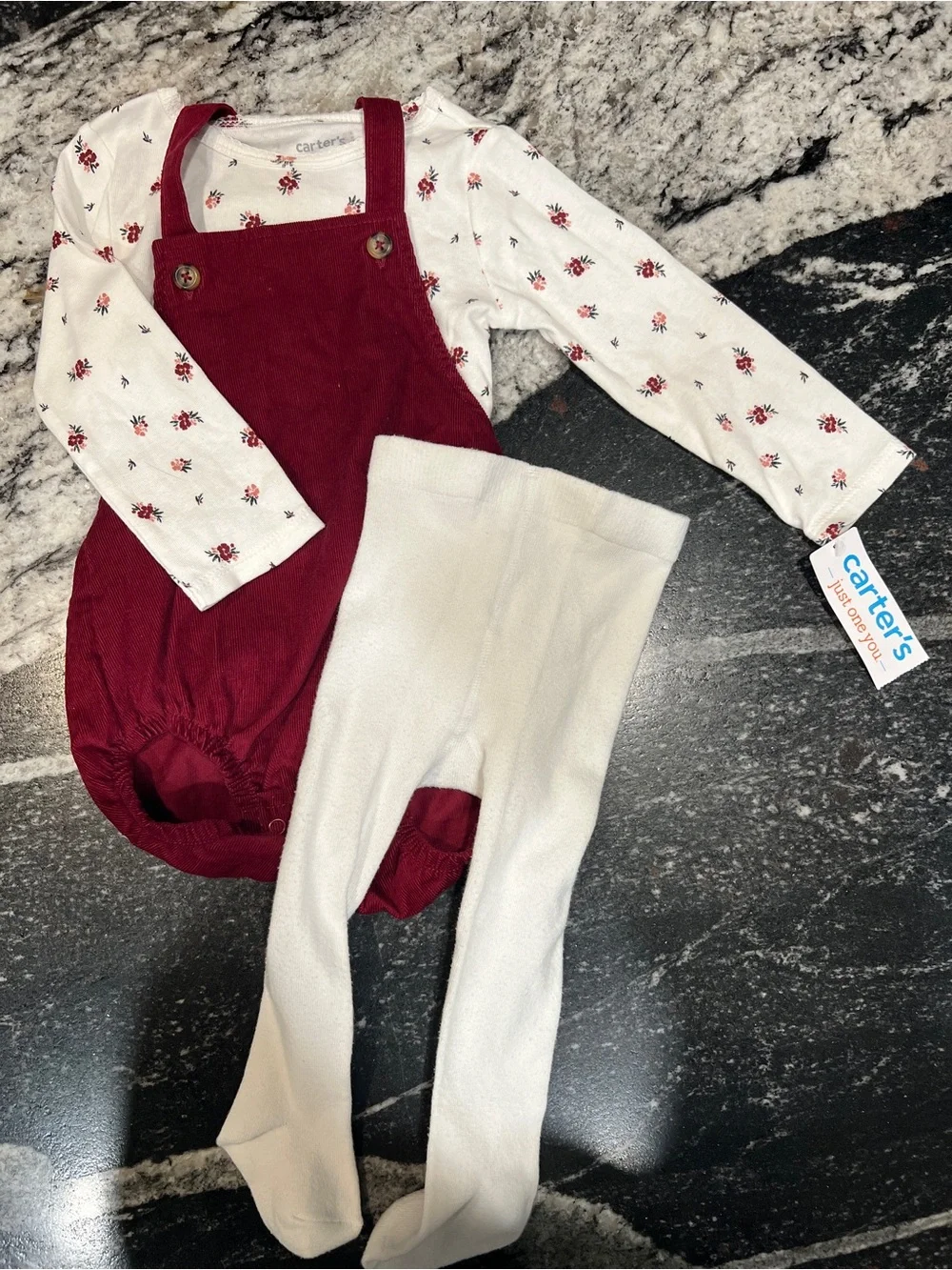 Carter's Burgundy Corduroy Romper with White Floral Tee and Cream Tights