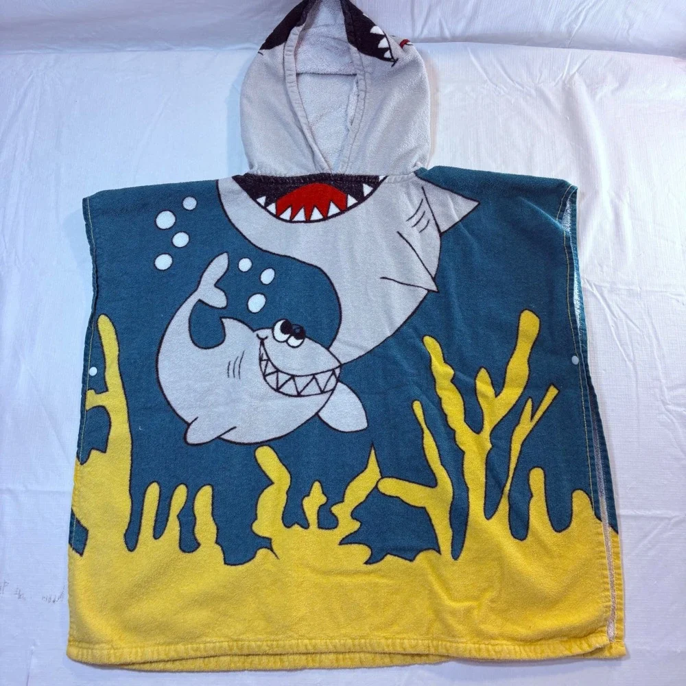 Huntington Home Kids Shark Hooded Towel Poncho Blue Yellow Cotton Wrap 5169